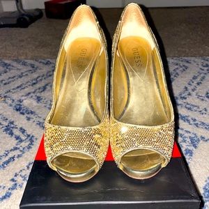 Guess Gold Sequined Peep-Toe Heels